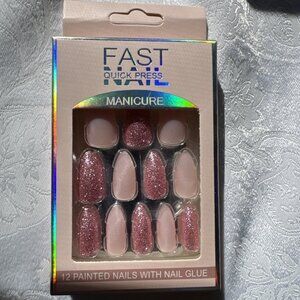Fast Nail Pink Shimmer One Minute Press‑On Nail Tips w Glue Fast & Easy NEW